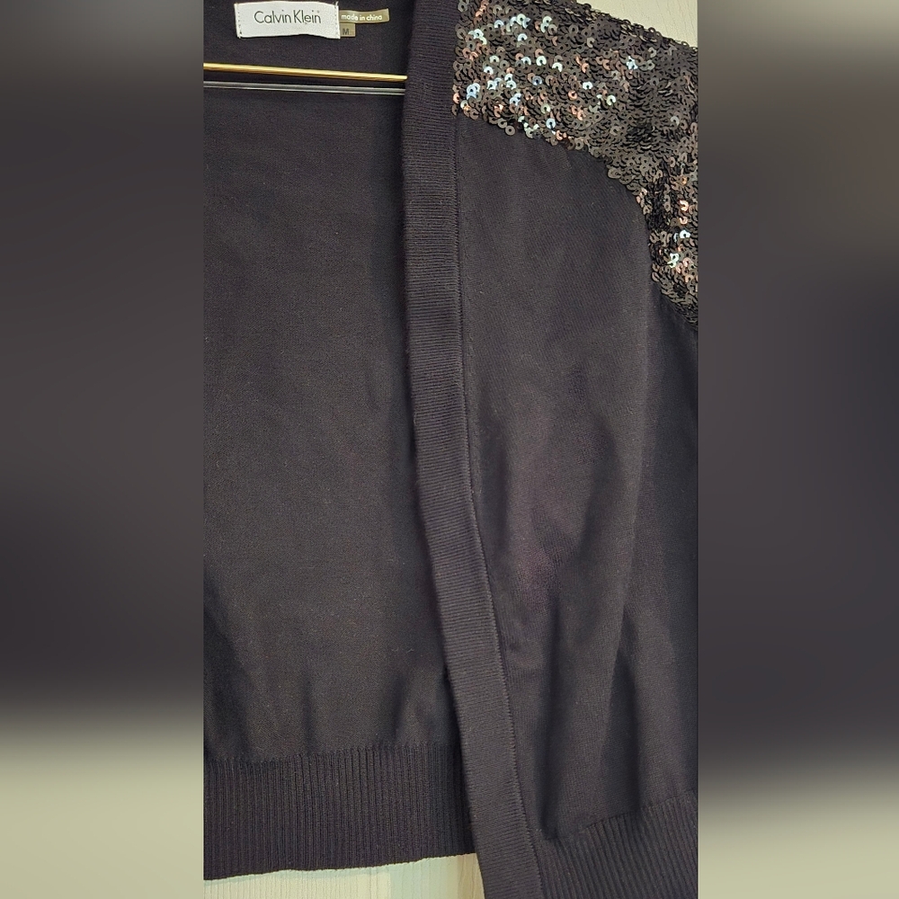 Calvin Klein Black Sequin Crop Cardigan Sweater Shrug - Picture 8 of 11